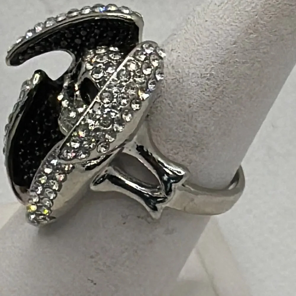 Size 9 Skull Bat Wing Rhinestone Ring Silver Tone Goth Statement NWOT